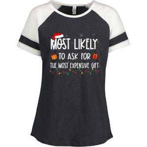 Most Likely To Ask For The Most Expensive Gifts Christmas Enza Ladies Jersey Colorblock Tee