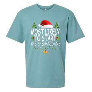 Most Likely To Start The Shenanigans Shirt Family Christmas Sueded Cloud Jersey T-Shirt