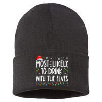 Most Likely To Drink With The Elves Elf Drinking Christmas Sustainable Knit Beanie