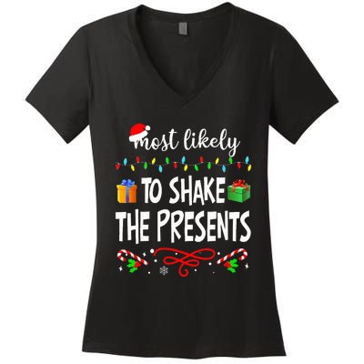 Most Likely To Shake The Presents Family Matching Pjs Xmas Women's V-Neck T-Shirt