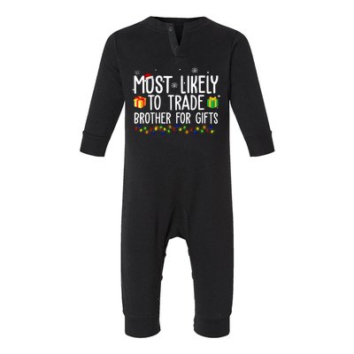 Most Likely To Trade Brother For Gifts Funny Christmas Infant Fleece One Piece