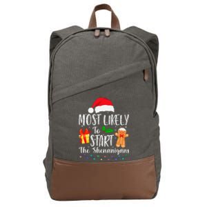 Most Likely To Start The Shenanigans Funny Family Christmas Cotton Canvas Backpack