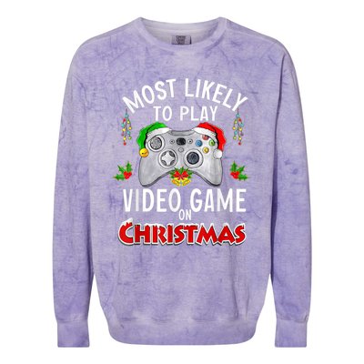 Most Likely To Play Video Games On Christmas Lights Funny Gift Colorblast Crewneck Sweatshirt