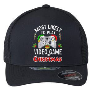 Most Likely To Play Video Games On Christmas Lights Funny Gift Flexfit Unipanel Trucker Cap