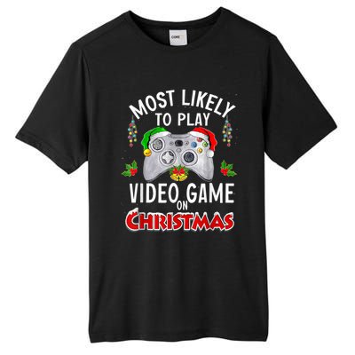 Most Likely To Play Video Games On Christmas Lights Funny Gift Tall Fusion ChromaSoft Performance T-Shirt