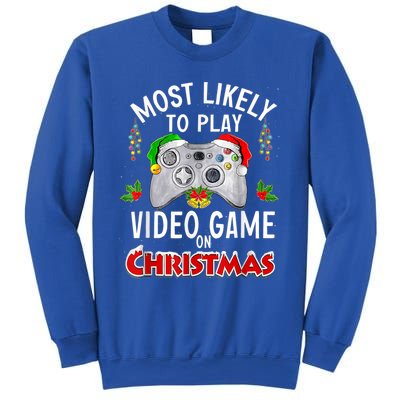 Most Likely To Play Video Games On Christmas Lights Funny Gift Sweatshirt