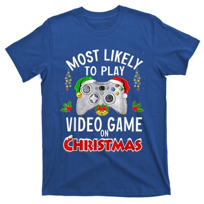 Most Likely To Play Video Games On Christmas Lights Funny Gift T-Shirt