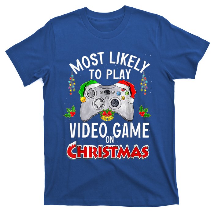 Most Likely To Play Video Games On Christmas Lights Funny Gift T-Shirt