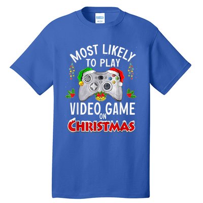 Most Likely To Play Video Games On Christmas Lights Funny Gift Tall T-Shirt