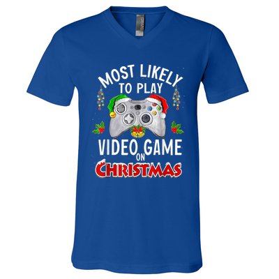 Most Likely To Play Video Games On Christmas Lights Funny Gift V-Neck T-Shirt