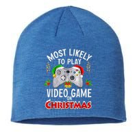 Most Likely To Play Video Games On Christmas Lights Funny Gift Sustainable Beanie