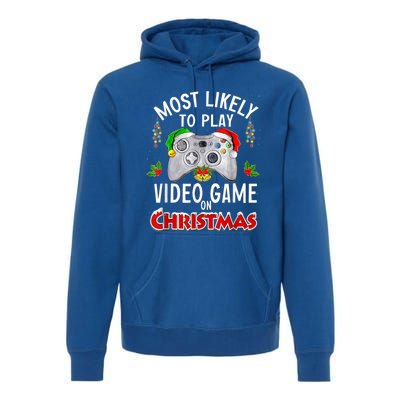 Most Likely To Play Video Games On Christmas Lights Funny Gift Premium Hoodie