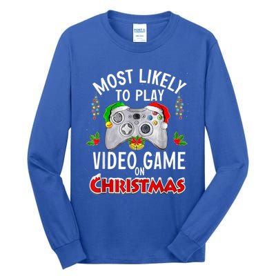 Most Likely To Play Video Games On Christmas Lights Funny Gift Tall Long Sleeve T-Shirt