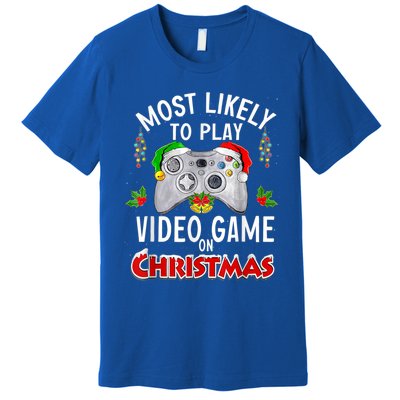 Most Likely To Play Video Games On Christmas Lights Funny Gift Premium T-Shirt