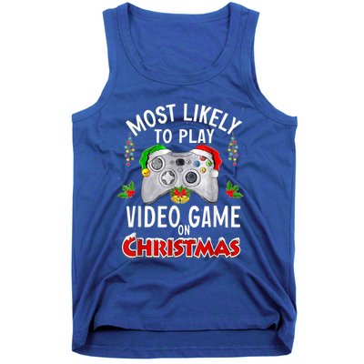 Most Likely To Play Video Games On Christmas Lights Funny Gift Tank Top