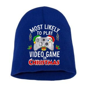 Most Likely To Play Video Games On Christmas Lights Funny Gift Short Acrylic Beanie