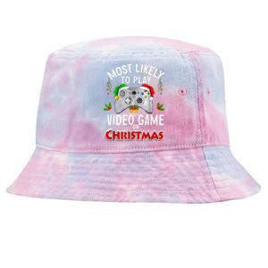 Most Likely To Play Video Games On Christmas Lights Funny Gift Tie-Dyed Bucket Hat