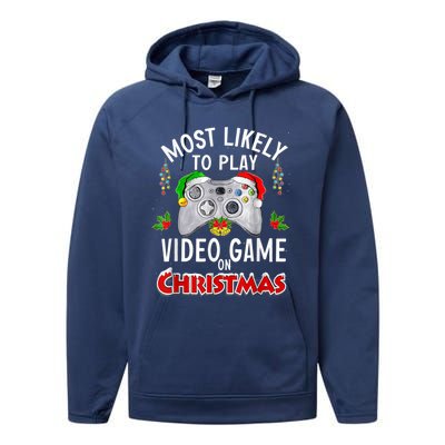 Most Likely To Play Video Games On Christmas Lights Funny Gift Performance Fleece Hoodie