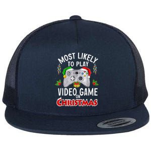 Most Likely To Play Video Games On Christmas Lights Funny Gift Flat Bill Trucker Hat