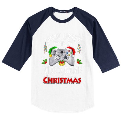 Most Likely To Play Video Games On Christmas Lights Funny Gift Baseball Sleeve Shirt