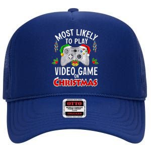 Most Likely To Play Video Games On Christmas Lights Funny Gift High Crown Mesh Back Trucker Hat