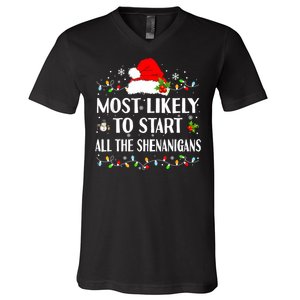 Most Likely To Start All The Shenanigans Funny Christmas V-Neck T-Shirt