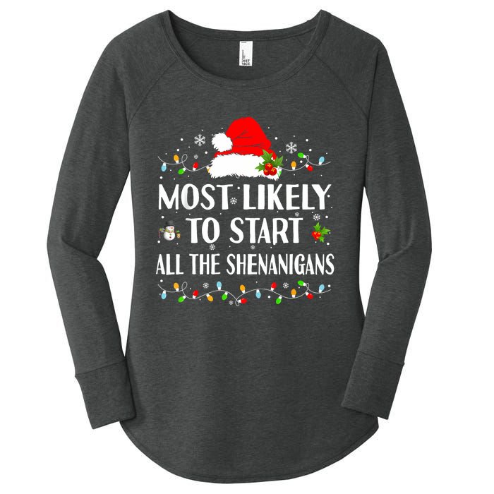 Most Likely To Start All The Shenanigans Funny Christmas Women's Perfect Tri Tunic Long Sleeve Shirt