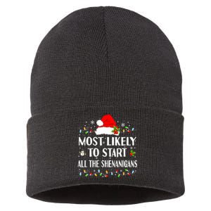 Most Likely To Start All The Shenanigans Funny Christmas Sustainable Knit Beanie