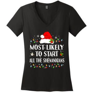 Most Likely To Start All The Shenanigans Funny Christmas Women's V-Neck T-Shirt