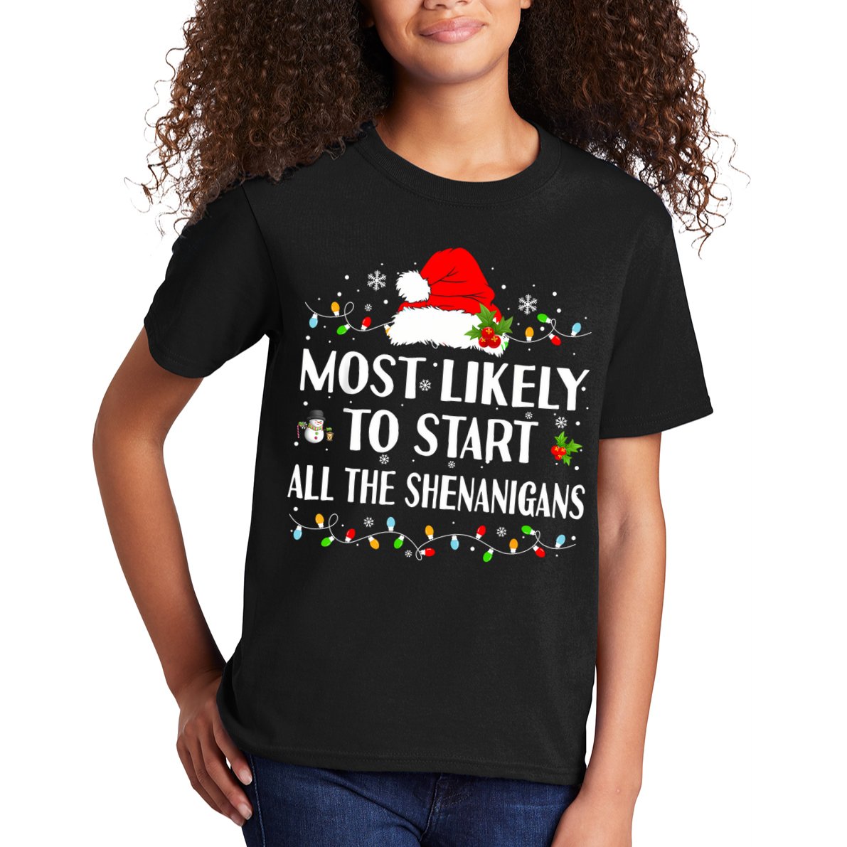 Most Likely To Start All The Shenanigans Funny Christmas Kids T-Shirt