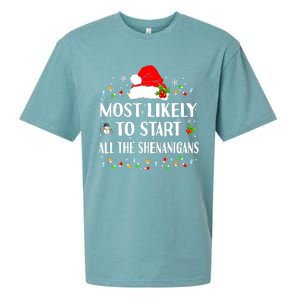 Most Likely To Start All The Shenanigans Funny Christmas Sueded Cloud Jersey T-Shirt