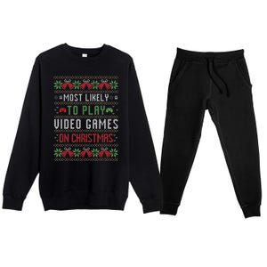 Most Likely To Play Video Games On Christmas Pajama Ugly Gift Premium Crewneck Sweatsuit Set