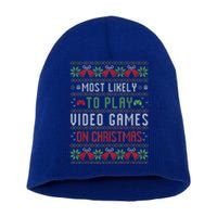 Most Likely To Play Video Games On Christmas Pajama Ugly Gift Short Acrylic Beanie