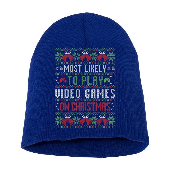 Most Likely To Play Video Games On Christmas Pajama Ugly Gift Short Acrylic Beanie