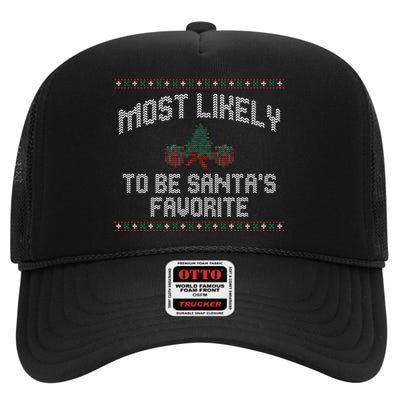 Most Likely To Be Santas Favorite Funny Christmas Family Matching High Crown Mesh Back Trucker Hat