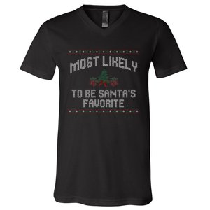 Most Likely To Be Santas Favorite Funny Christmas Family Matching V-Neck T-Shirt