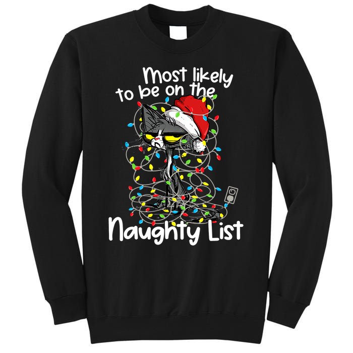 Most Likely To Be On The Naughty List Funny Cat Xmas Lights Tall Sweatshirt