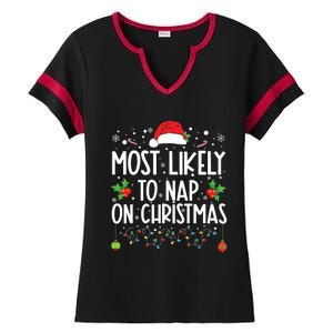 Most Likely To Nap On Christmas Family Christmas Pajamas Ladies Halftime Notch Neck Tee