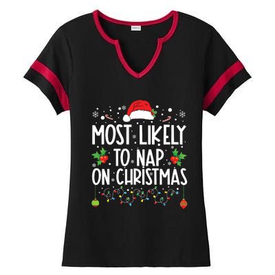 Most Likely To Nap On Christmas Family Christmas Pajamas Ladies Halftime Notch Neck Tee