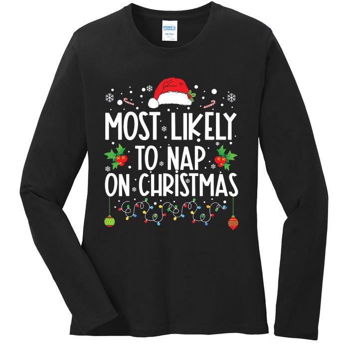 Most Likely To Nap On Christmas Family Christmas Pajamas Ladies Long Sleeve Shirt