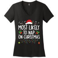 Most Likely To Nap On Christmas Family Christmas Pajamas Women's V-Neck T-Shirt