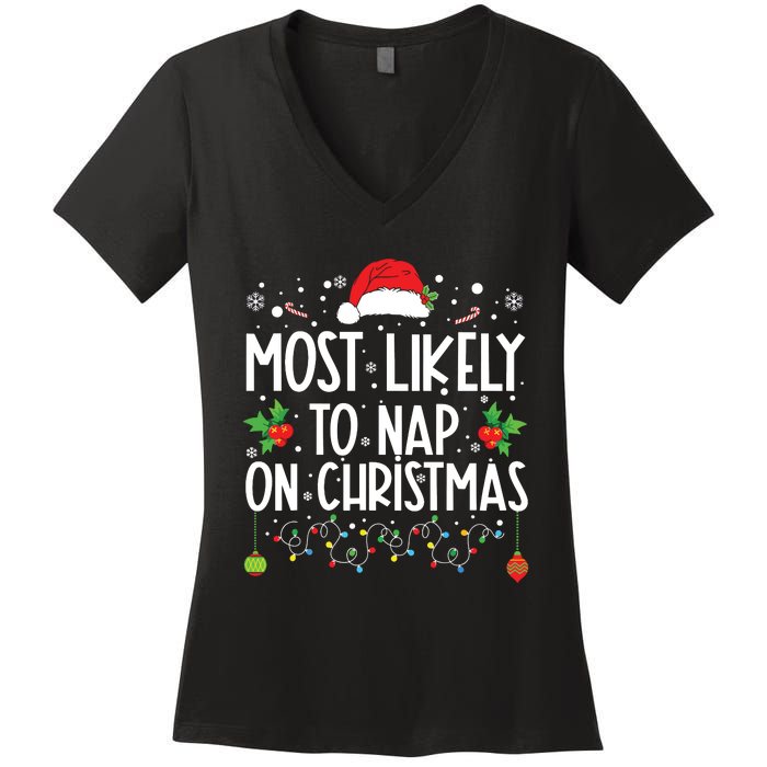 Most Likely To Nap On Christmas Family Christmas Pajamas Women's V-Neck T-Shirt