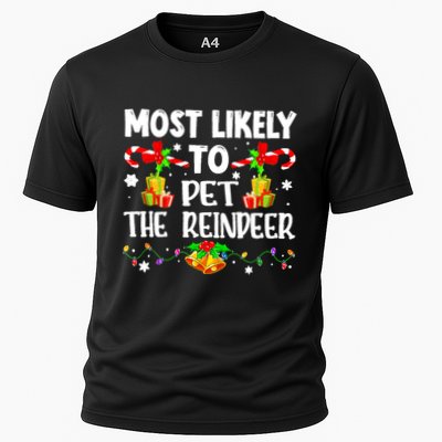 Most Likely To Pet The Reindeer Funny Family Xmas Lights Gift Performance Shirt