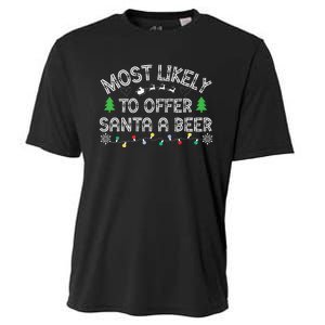 Most Likely To Offer Santa A Beer Funny Drinking Christmas Cooling Performance Crew T-Shirt