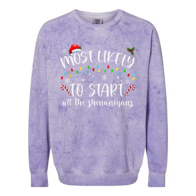 Most Likely To Start All The Shenanigans Family Xmas Holiday Colorblast Crewneck Sweatshirt