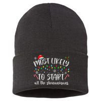 Most Likely To Start All The Shenanigans Family Xmas Holiday Sustainable Knit Beanie