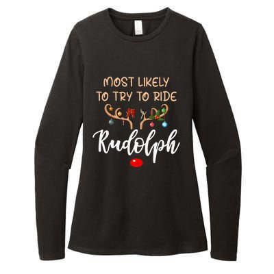 Most Likely To Try To Ride Rudolph Matching Couple Christmas Womens CVC Long Sleeve Shirt