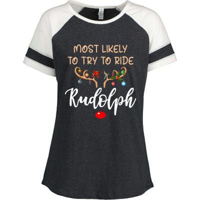 Most Likely To Try To Ride Rudolph Matching Couple Christmas Enza Ladies Jersey Colorblock Tee