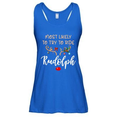 Most Likely To Try To Ride Rudolph Matching Couple Christmas Ladies Essential Flowy Tank