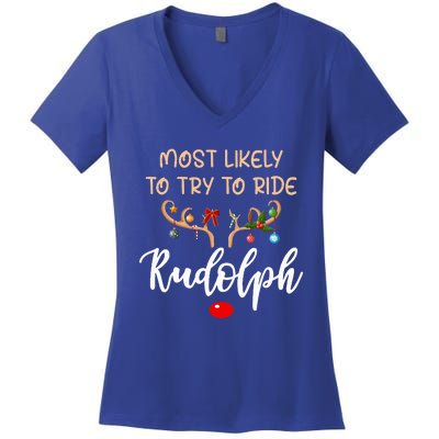 Most Likely To Try To Ride Rudolph Matching Couple Christmas Women's V-Neck T-Shirt